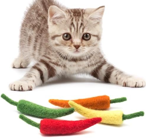 Glaciart One Cat Chili Pepper Toy – 4 Pcs | Soft Fuzzy Enrichment 100% Natural Wool - Interactive Catnip Play Cat Toy Set - Safe for Pets, Non-AZO Colored Dyes