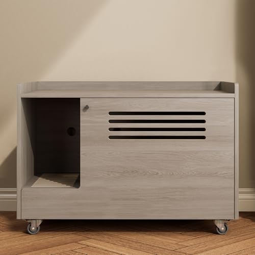 Montary Multi-Use Cat Litter Box Enclosure with Storage, Hidden Litter Box Furniture & Cat Washroom Cabinet,Wooden Pet House Side Table with Wheels, Gray