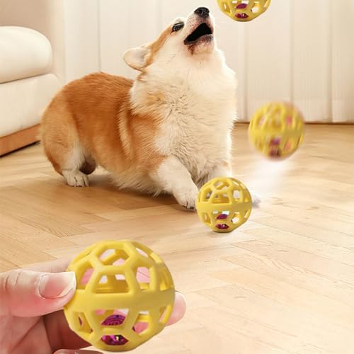 Dog Chew Toys with Bell Sound, 3 Rubber Bouncy Ball for Medium/Large Dogs, Interactive Fetch Ball Teeth Cleaning&Training, Hollow Design with Internal Bells (Yellow)