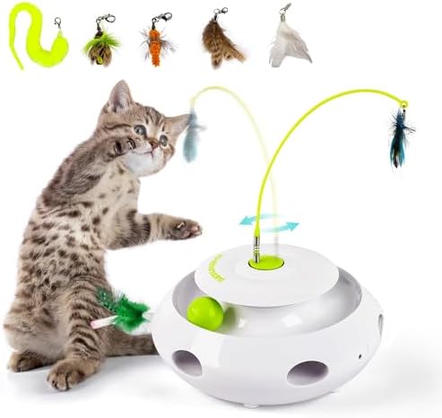 ALL FOR PAWS 3 in 1 Interactive Flutter Bug Cat Toy with Rolling Balls, Whack-a-Mole Feather Toy Automatic Kitten Spinner Toys, Mental Stimulation for Indoor Cats,Includes 6 Teaser Refills