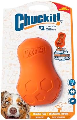 Chuckit! Tumble Teez Dog Treat Puzzle Toy, Medium, Orange – Interactive Tumble‑Shaped Treat & Chew Puzzle Pod for Dogs 20–60 lb – Durable Rubber Fetch Toy with Interior Treat Chamber – Pack of 1