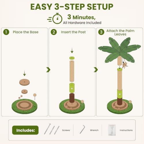 37'' Tall Cat Scratching Post, Sturdy Cat Tree Tower with Plush Perch, Hanging Toy & Interactive Wooden Ball, Durable Sisal Scratcher for Indoor Cats and Kittens