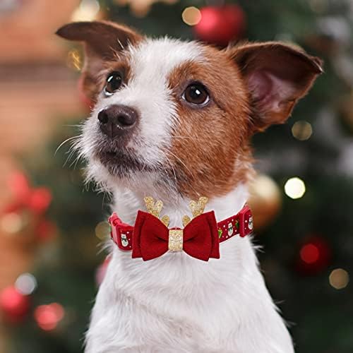 azuza Christmas Dog Collar, Adjustable Holiday Pet Collar with Antler Bowtie and Snowman Accessories for Small Dogs