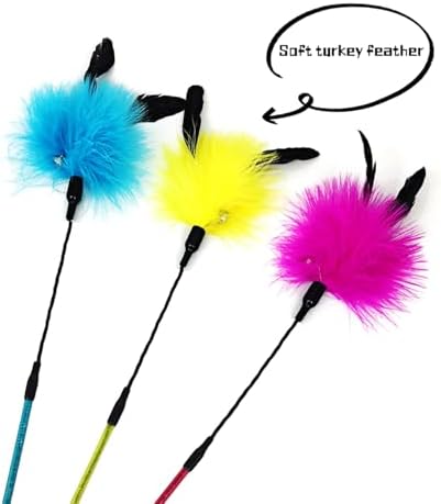Cat Wand Toy 3 PCS Soft Turkey Feather Teaser Wands with Bell for Indoor