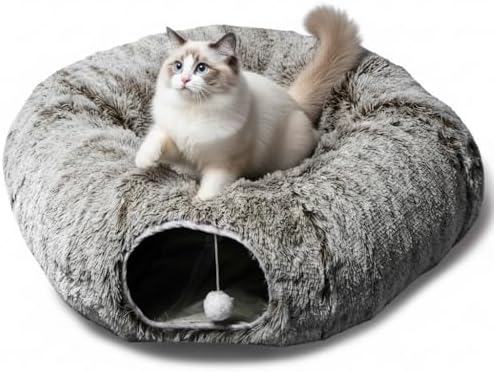 AUOON Plush Cat Tunnel Bed for Indoor Cats, 36" L x 36" W x 11.5" H, Brown