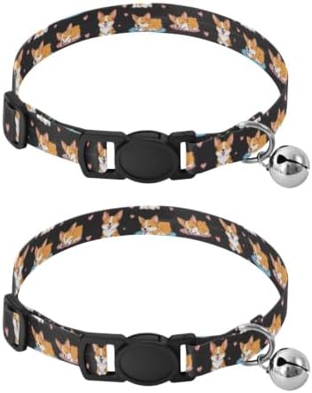 2 Pack Cat Collar Cute Cartoon Dogs Black Kitten Bell Collar, Adjustable 10.6 to 17.1 Inches