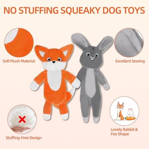 PAWCHIE Squeaky Dog Toys for Small Medium Large Dogs, No Stuffing Crinkle Puppy Toy,Soft Pet Plush Teething Toys 2 Packs Mess-Free Interactive Chew Toy Fox Rabbit Shape for Boredom Best Birthday Gift