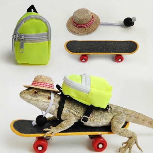 3 Pack Bearded Dragon Toy Set Includes a Bearded Dragon Backpack, an Adjustable hat, and a mini Skateboard Toy, for Small Reptile Pets Such as Lizards, Hamsters, Parrots, and Turtles.（Yellow）