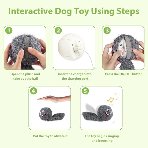 PETGEEK Interactive Dog Toys Ball - Upgraded Automatic Squeaky Vibrating Dog Ball, 900mAh Rechargeable Bouncing Ball with Washable Plush Cover, Crinkle Dog Toy with Recording Music(6 Inches, Gray)
