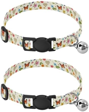 Colorful Vintage Flowers Dog Collar with Bell 2 Pack Cats Collar Adjustable Length 10.6" to 17.1"