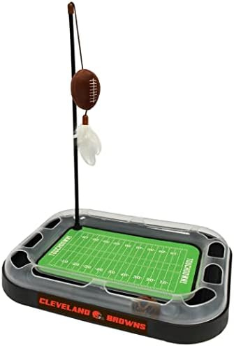 Pets First Cat Toy NFL CLEVELAND BROWNS FOOTBALL FIELD CAT SCRATCHER TOY with CATNIP Filled Plush FOOTBALL Toy & Feather Cat Toy hanging, with Jingle Bell INTERACTIVE BALL Cat Chasing 5-in-1 KITTY Toy