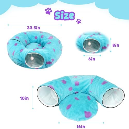 Cat Tunnel Bed for Indoor Cats, Cute Cat Tunnel Toy with Washable Cushion, Fits Cats up to 25 lbs, Peekaboo Cave Pet Bed for Kittens, Rabbits, Blue Purple Donut