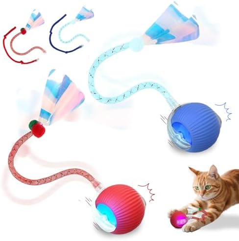 2PCS Interactive Cat Toys Smart Ball for Cats and Dogs, 360° Automatic Rolling Chase, 2 Rapid-Action Tails, Designed for Indoor pet Exercise, Boredom Relief, and Fun Chase Play.（Red＆Blue）