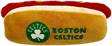 Pets First NBA Boston Celtics HOT Dog Plush Dog & CAT Squeak Toy - Cutest HOT-Dog Snack Plush Toy for Dogs & Cats with Inner Squeaker & Beautiful Basketball Team Name/Logo 8 x 5 x 3 Inches