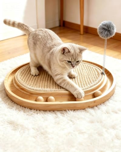 Sisal Cat Scratcher Pad with Wooden Ball Track Toy,Interactive Cat Toys for Kittens & Adult Cats Indoor, Anti-Scratch Furniture Protector for Bored Pet, Cat Enrichment Puzzle