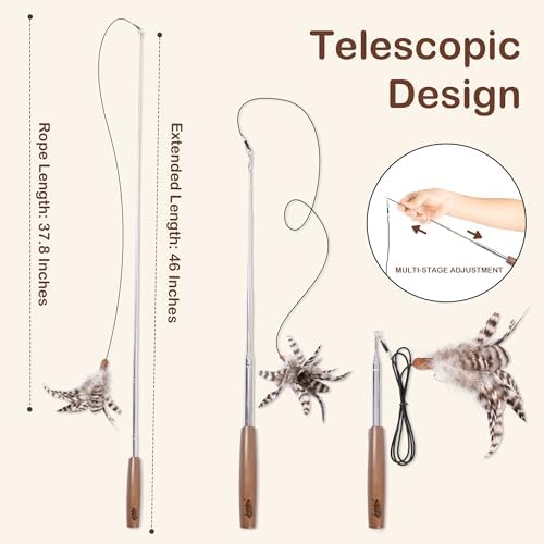 Lulu's World Retractable Cat Wand Toy 8.3"-46" Telescopic Feather Teaser