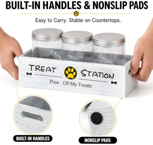 Pet Treat Container with 3 Airtight Jars and Wooden Tray, Labels and Marker