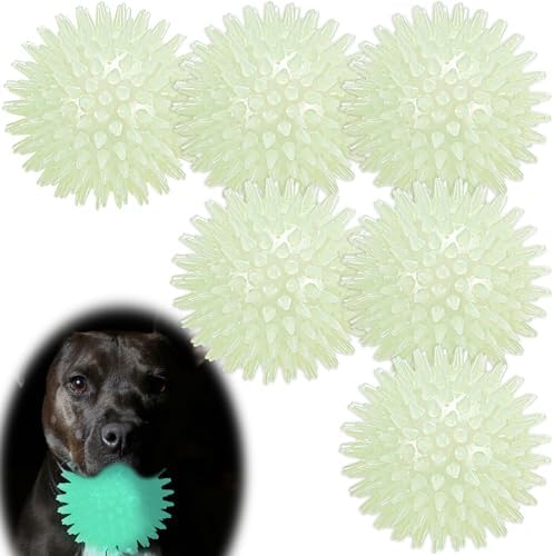 LECHONG 6-Pack Glow in The Dark Squeaky Dog Balls, 3.5” Spiky Dog Toy Balls, Durable Glowing Rubber Fetching Ball for Medium & Large Dogs Nighttime Playing Indoors & Outdoors