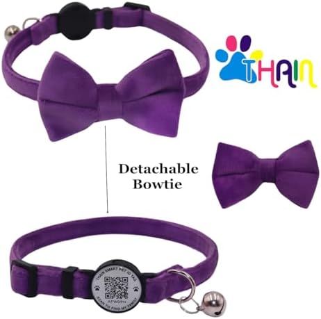 THAIN Personalized Cat Collar with Bell and Bowtie Breakaway QR Code Name Smart ID tag Quick Release Soft Comfortable Collar for Cats and Kittens (Purple)