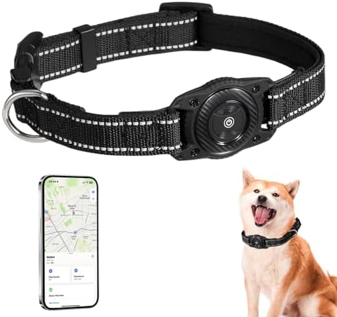 Waterproof Air tag Dog Collar - Reflective, Built-in Tracker with Bluetooth Connectivity（Included Tracker） Soft-Padded Adjustable Buckle (Black, M)