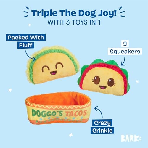 BarkBox Doggo's Tacos 3-in-1 Interactive Plush Dog Toy | Squeaky Dog Toys with Crinkle Holder - For Small to Medium Dogs and Puppies