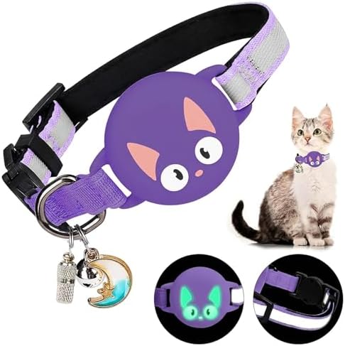 Reflective Breakaway Cat Collar for AirTag (1st & 2nd) Holder - Waterproof Safety Buckle Kitten Collar with Bell, Luminous Lightweight GPS Tracker Case for Apple for Air Tag (Purple)