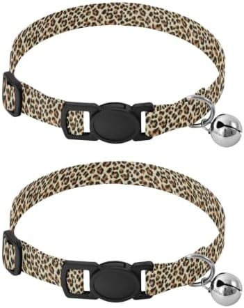 Leopard Spots Brown Breakaway Cat Collars with Bell 2 Pack Puppy Collar Adjustable Length 10.6" to 17.1"