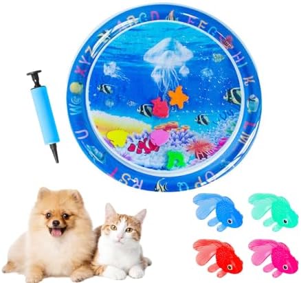 2026 Upgraded Cat Water Mat – 5-Layer Anti-Scratch Leak-Proof Sensory Play Mat for Indoor Cats, BPA-Free Cooling Water Pad, Interactive Enrichment Toy (S21, 65 * 65CM, 4 Fish + Pump Included)