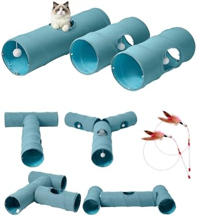Cat Tunnel, 3 Straight Shaped Tunnels 6 DIY Shapes with Wand Toys, No Noise Scratch Resistant Cool Linen Fabric, Interactive Pet Tunnel Tube for Indoor Cats, Puppy and Rabbits