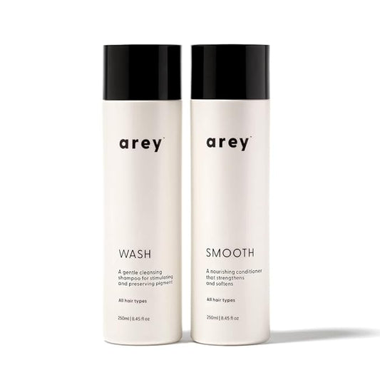 Arey Shower Duo | Daily Wash Shampoo and Smooth Conditioner Set | Delay + Reduce the Signs of Aging Grey Hair | Retain Moisture, Promote Smoothness | Vegan, Gluten-Free & Cruelty Free (2 Pack)
