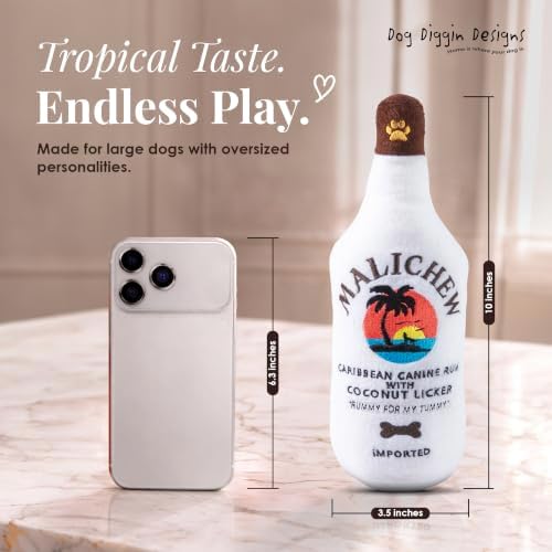 Dog Diggin Designs Malichew Rum Plush Dog Toy | Luxury-Inspired Parody Whisky Bottle Dog Toy with Squeaker, Soft Plush Novelty Dog Toy – Shaken, Not Stirred!