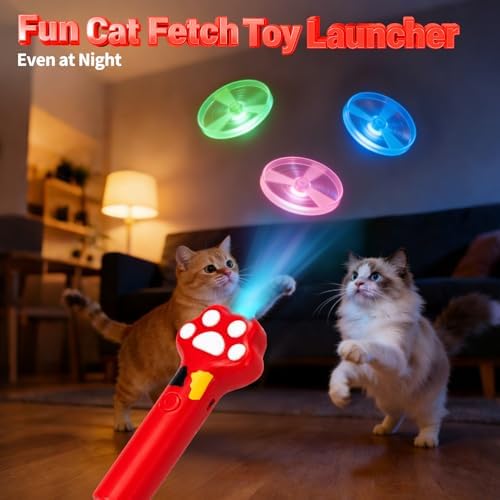 BABORUI Cat Toy Disc Launcher, Rechargeable Interactive Cat Fetch Toy Launcher with 8 Flying Discs, Flying Enrichment Toys for Indoor Bored Kittens & Adult Cats (Red)