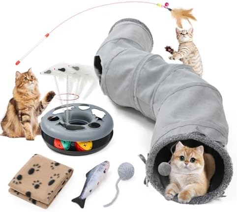 Pet Cat Tunnel Tube Cat Toys 2 Way Collapsible, Tunnels for Indoor Cats,S-Shaped Play Tube with Peephole and Hanging Ball,10.5" Maze Cats House for Puppies, Rabbits, Kitty, Kitten,Ferrets