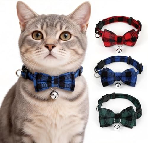 Plaid Breakaway Cat Collar with Bell & Removable Bow Tie – Cotton Kitten Collar with Bells for Boy Cats or Small Dogs. Adjustable Size 7.5-12.2in (1, Navy)