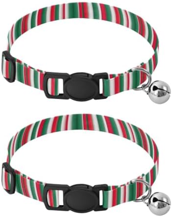 Vertical Stripes Green Soft Polyester Pet Collar, 2 Pack Breakaway Cat Collars with Bell