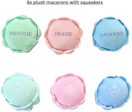 Bonne et Filou 6 Count Macarons Shape Plush Squeaky Dog Toys Interactive Puppy Chew Toys for Aggressive Chewers Dog Toys for Small and Medium Dogs