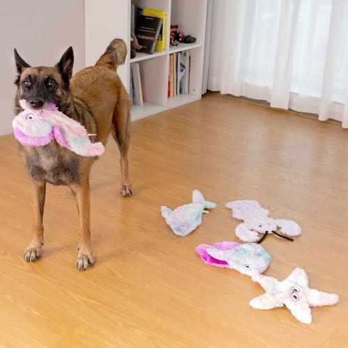 Sedioso Dog Toys Pack, Durable Unstuffed Animal Dog Chew Toy, Large Soft Plush Dogs Toys Set, Dog Squeaky Toy for Small, Middle, Large Breed(5-Pack, Ocean Animals)