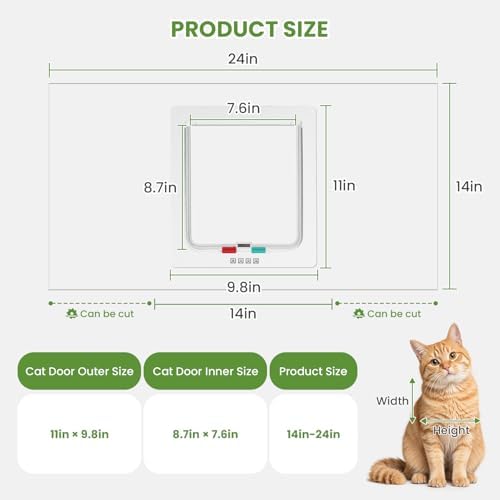 Cat Door for Window Insert, Fits 14-24 Inch, Clear Plexiglass, 4-Way Lock