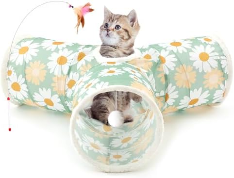 Tempcore Cat Tunnel, 3-Way Collapsible Toy for Indoor Cats, Daisy Green