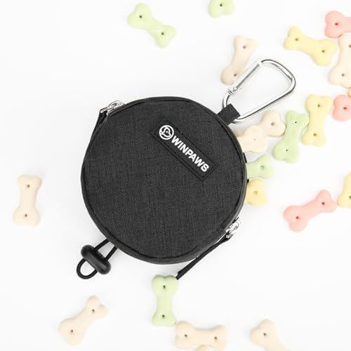 Dog Poop Bag Holder for Leashes- Dog Treat Pouch with Waterproof Zipper,Puppy Training Small Bag with Carabiner & Bungee Toggle,Two Pockets for Dry or Wet Treats-Pet Travel Walking Essentials (Black)