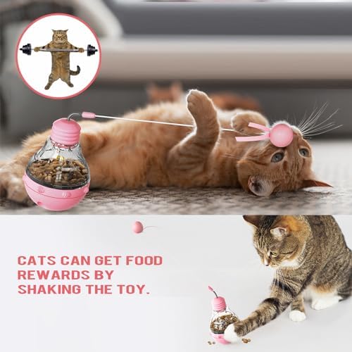 Cat Interactive Toy, Slow Food Dispenser Feeder, Tumbler Design with Teaser Wand & Glowing Ball, Funny Kitten Treats for Indoor Cats Exercise and Boredom Relief (Pink)