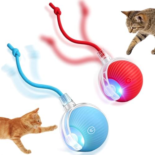 Interactive Cat Toys Ball for Indoor Cats, Automatic Self-Rolling, Motion-Activated, Bird Chirping Cats Dogs Ball Toy with Elastic Mesh Tail, Cat Enrichment Toys for Indoor Cats (Red+Blue)