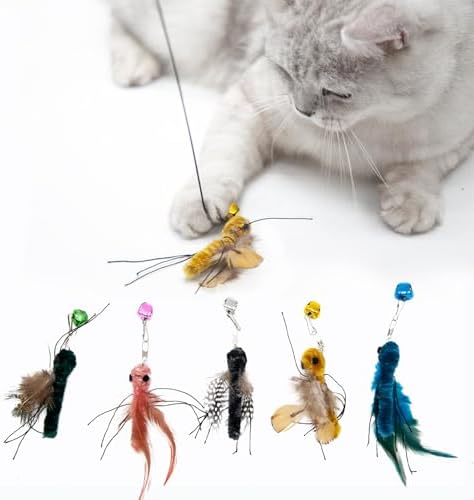 5 Pcs Realistic Cat Insect Toys for Wand Toy Refills, Interactive Feather Bug Toy Attachments with Bells for Indoor Cat Enrichment & Hunting Instincts, Ideal Exercise & Boredom Relief for Kittens
