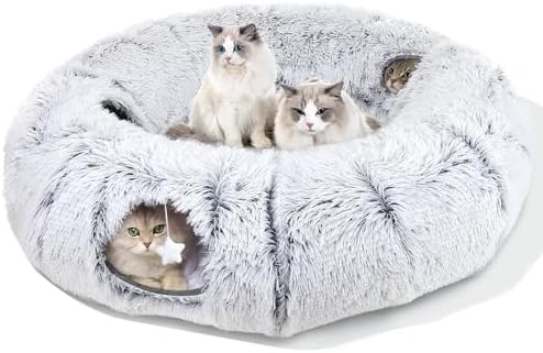 Cat Tunnel Bed for Indoor Cats, XL Christmas Tree Skirts Washable Warm Soft Indoor Cat Donut Tunnel, Multifunctional Cat Interactive Playground Toys for Felines Pet Christmas Tree Decoration