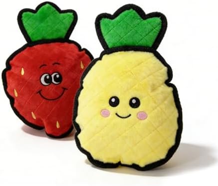 Durable Plush Dog Toys, 2 Pack Pet Squeaky Chew Toys, Double Layer Reinforced Interactive Pet Toys for Aggressive Chewers, Tough Toys for Medium and Large Dogs (Yellow Pineapple+Red Strawberry)