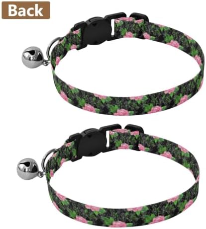 Roses Green Leaf Floral Black Pet Collars for Cats, 2 Pack Cat Collar with Bell