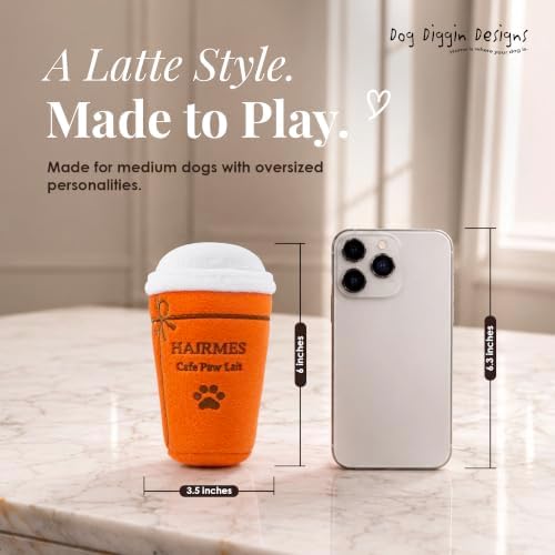 Dog Diggin Designs Hairmes Café Paw Lait Plush Dog Toy – Coffee Cup Squeaky Parody Dog Toy, Soft Fashion Inspired Interactive Pet Toy for Small to Medium Dogs