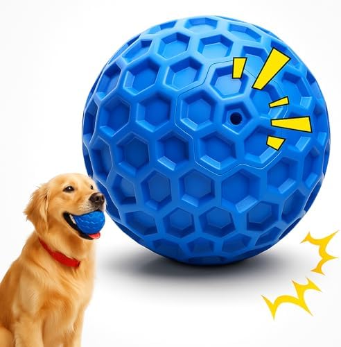 Durable Indestructible Squeaky Dog Ball for Aggressive Heavy Chewers, Unbreakable Tough Natural Rubber Dog Toy, Bouncy Interactive Ball for Medium & Large Dogs, Safe for Teeth & Gums (Blue)