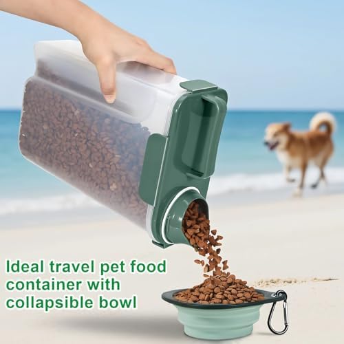 TBMax 5 Lbs Travel Dog Food Storage Container with Collapsible Dog Bowl, Airtight Pet Food Storage Dispenser with Large Spout & Measuring Cup for Kibble Dog Treat Bird Seed Container -Dark Green