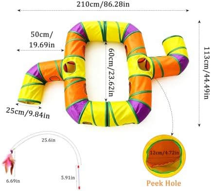 2 in 1 Cat Tunnel Set, Large DIY Free Splicing Cat Tunnels with Zipper, Collapsible Play Tunnel with Teaser Wand and Peek Holes, Interactive Pet Tube for Indoor Cats, Puppy and Rabbits (2 x T Shape)